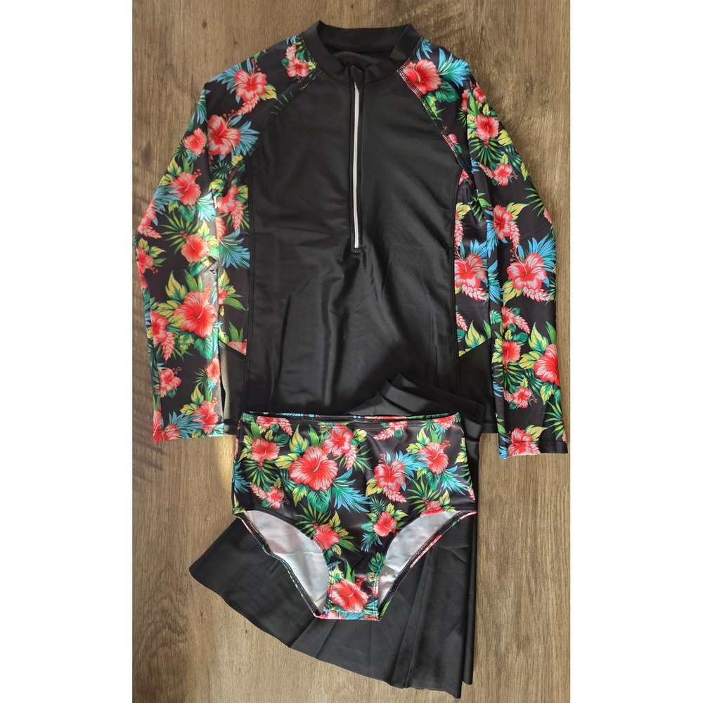 Girls Tropical Floral 3 Piece Rash Guard Swimsuit Set Black Red Size 12 11-12Y